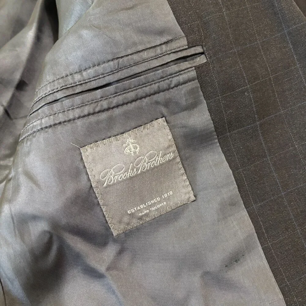 Brooks Brothers 100% Wool Windowpane Plaid Dark Gray Blazer Men 43L Sport Coat